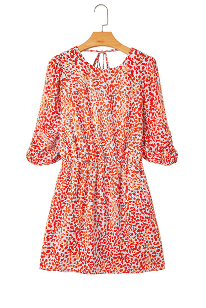 Robe courte fendue à manches longues et dos creux à imprimé léopard rouge tomate