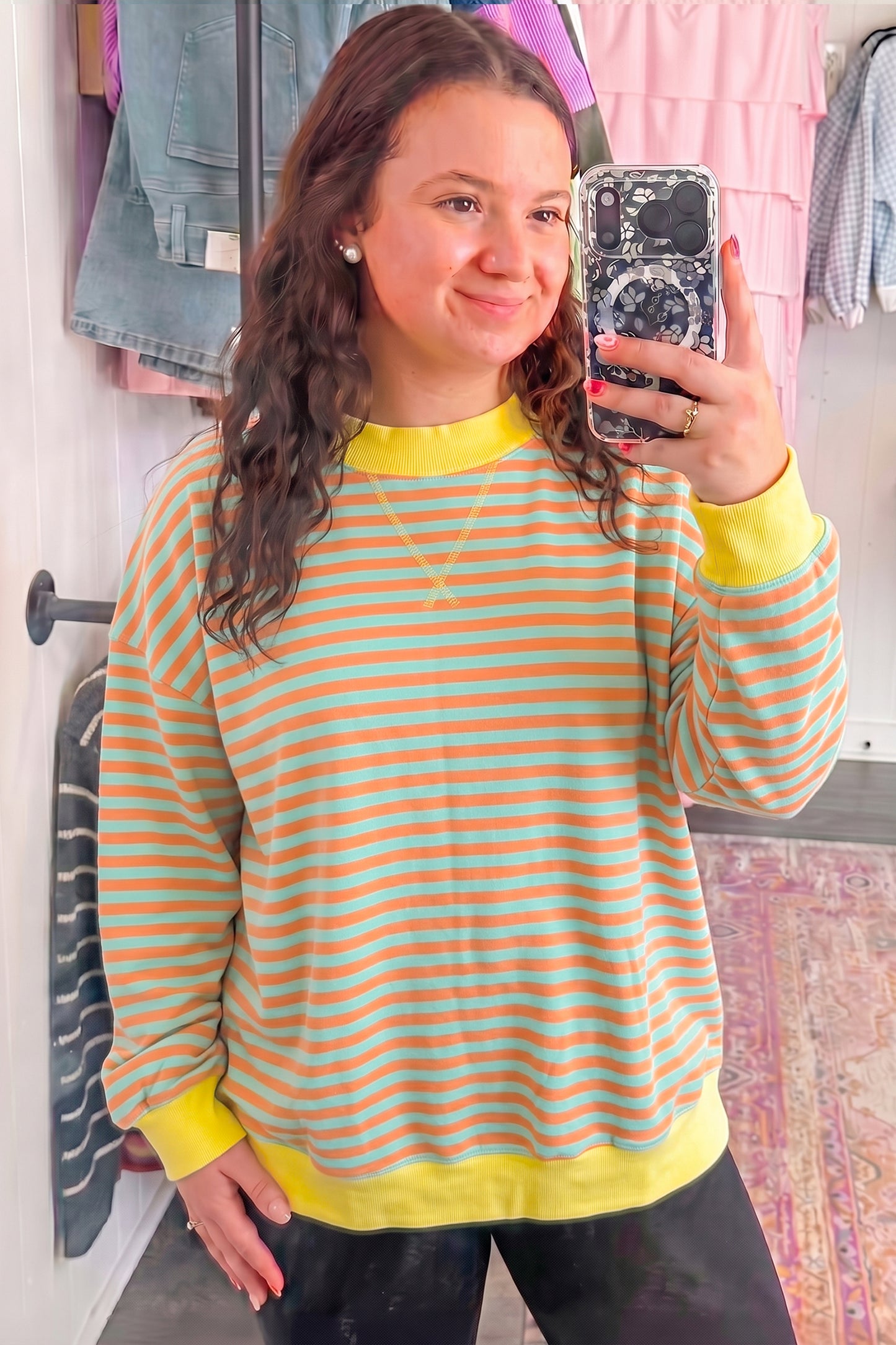 Orange Stripe High Neck Striped Colorblock Tunic Plus Size Sweatshirt
