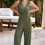 Jungle Green Deep V Pleated Crisscross Wide Leg Backless Jumpsuit