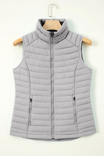 Gilet matelassé zippé à col en peluche argentée