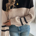 Parchment Color Block Knit Striped Sleeve Detail Casual Sweater