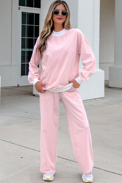 Pink Stripe Color Block Trim Mock Neck Pullover Drawstring Pants Casual Outfit