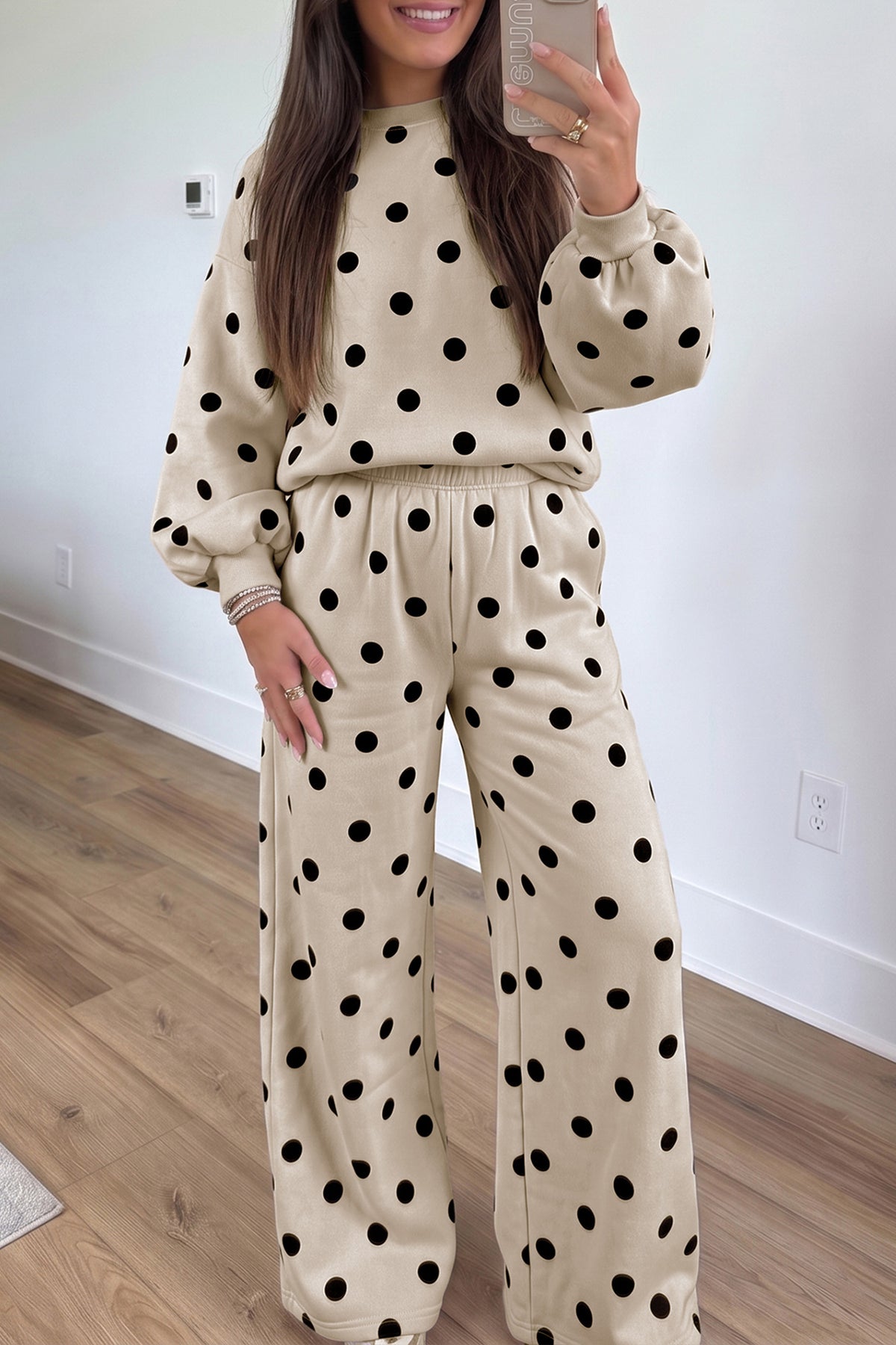 Beige Polka Dot Puff Sleeve Top Casual Pants 2pcs Set