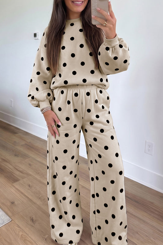 Beige Polka Dot Puff Sleeve Top Casual Pants 2pcs Set
