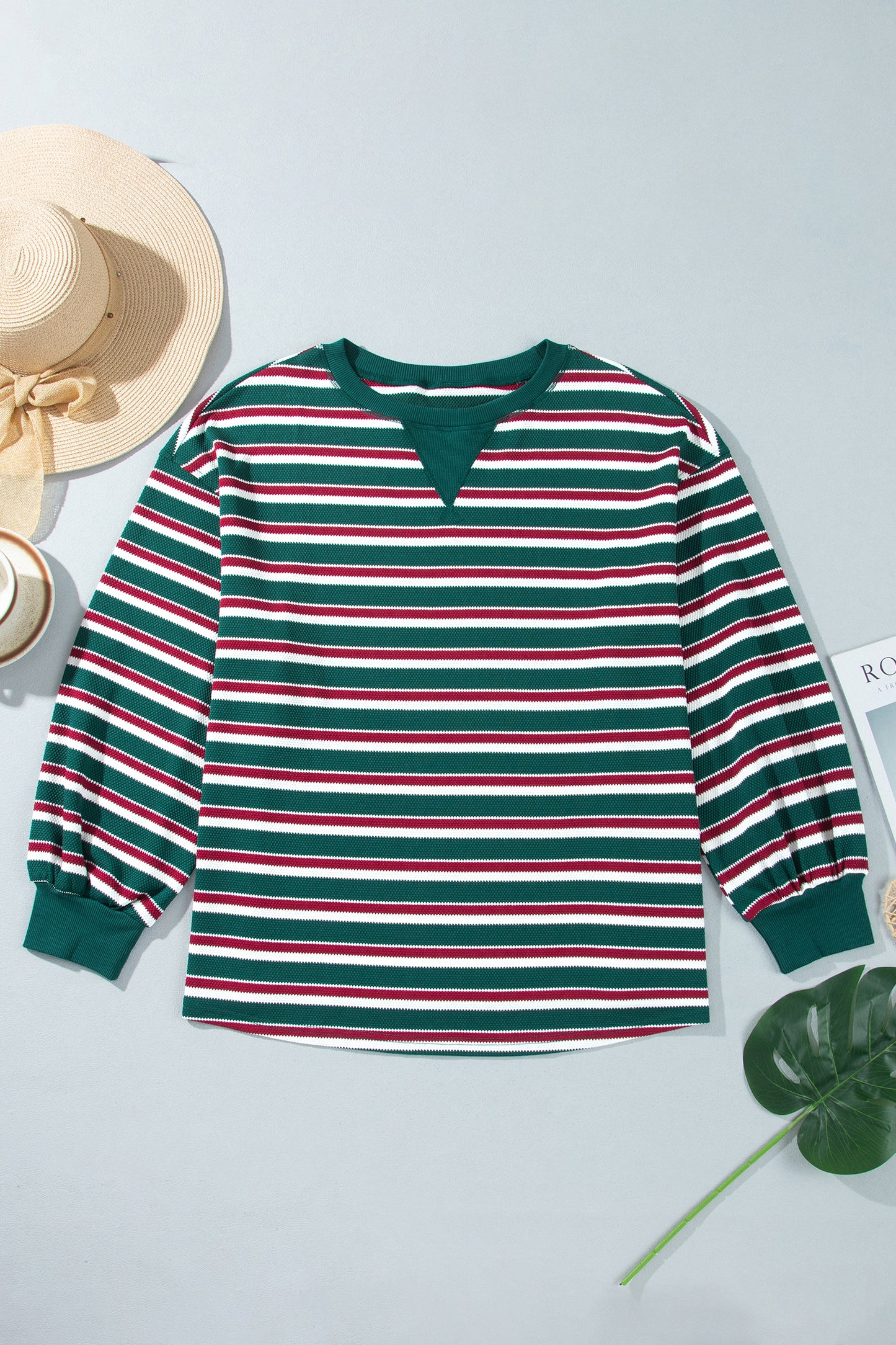 Green Stripe Striped Colorblock Round Neck Long Sleeve Shift Plus Size Sweatshirt