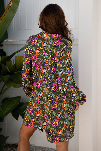 Green Floral Print Split Neck Bubble Sleeve Shift Mini Dress