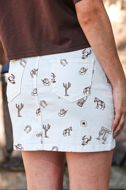 White Western Print Cactus Horse Bull Denim Skirt