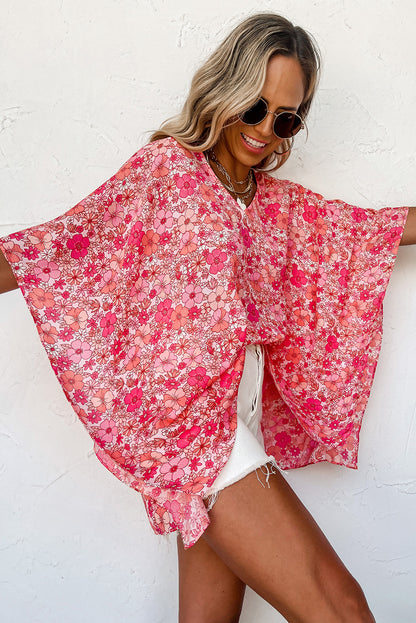 Chemisier kimono rose à fleurs style bohème et col en V