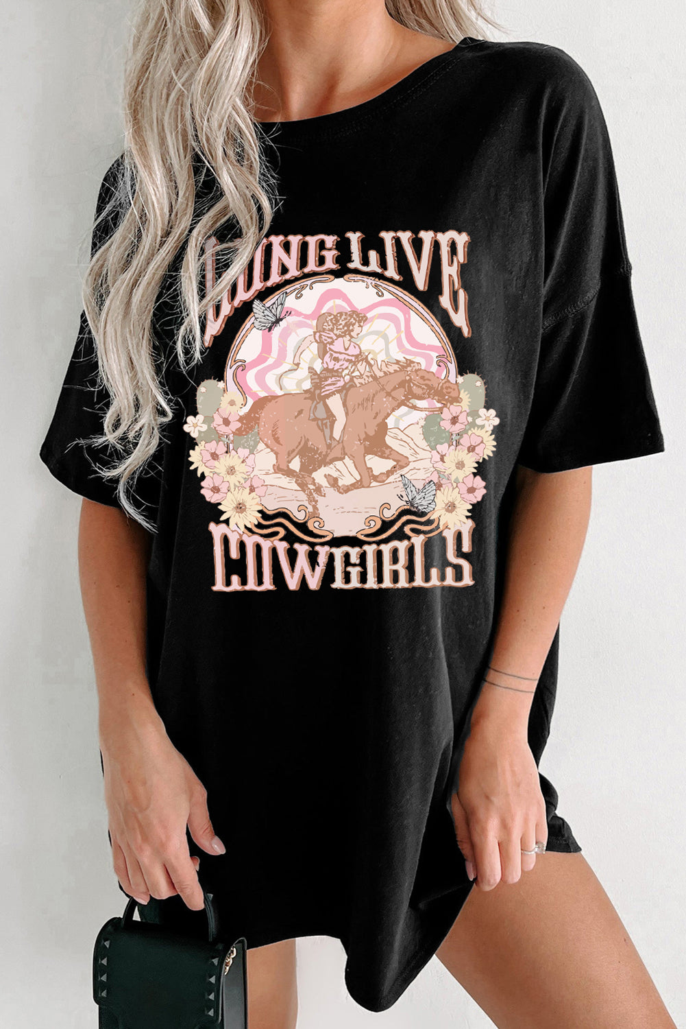 T-shirt noir à col rond avec imprimé « LONG LIVE COWGIRLS »