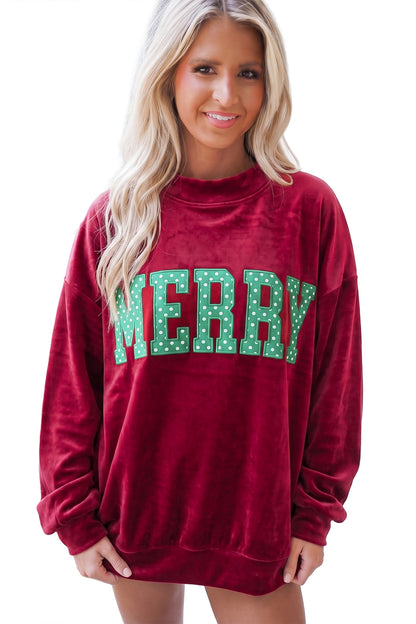 Burgundy Christmas Velvet Graphic Print Long Sleeve Sweatshirt
