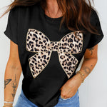 Black Leopard Bow Embroidered Cotton Round Neck T Shirt
