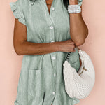 Green Stripe Frilled Sleeveless Collar Front Pocket Button Up Mini Dress