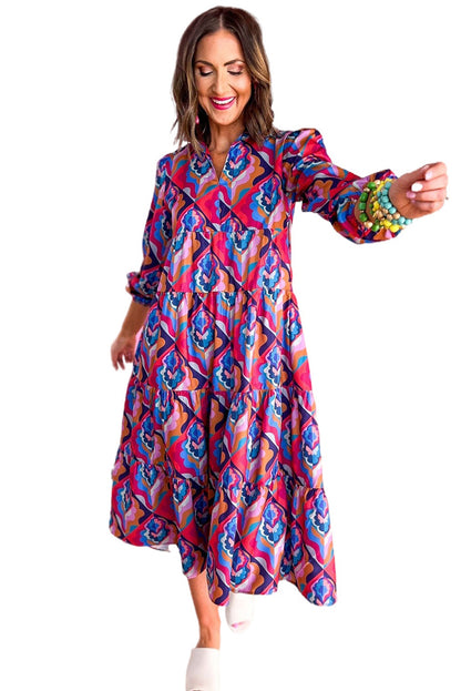 Multicolor Abstract Geometric Print Long Sleeve High Waist Dress
