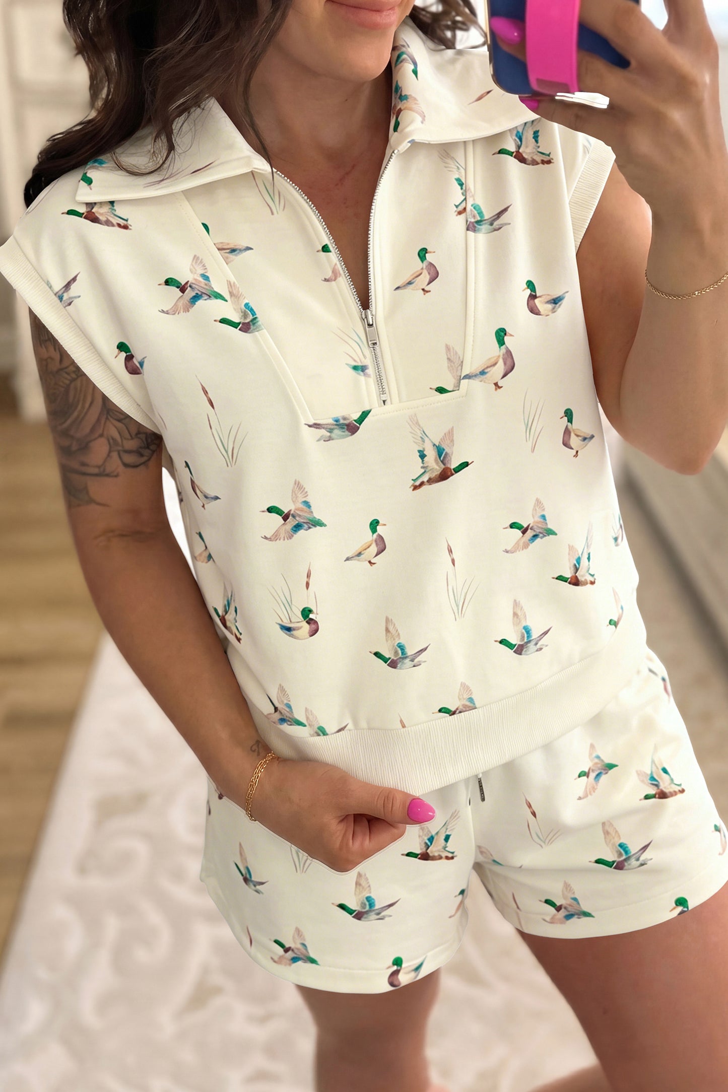 Beige Mallard Printed Zip Polo Tee Drawstring Short Set