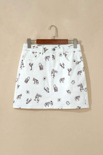 White Western Print Cactus Horse Bull Denim Skirt