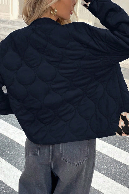 Black Retro Quilted Leopard Cuff Button Down Puffer Jacket