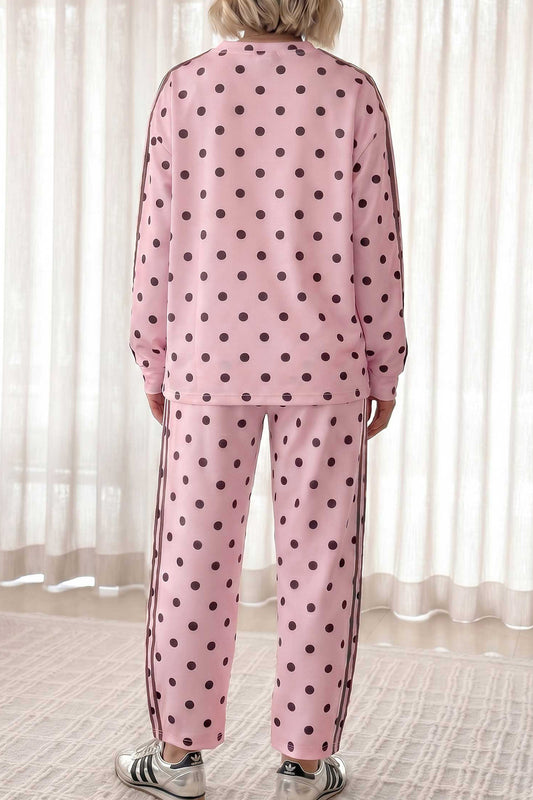 Pink Polka Dot Print Side Stripe Detail Long Sleeve Top Casual Pant Set