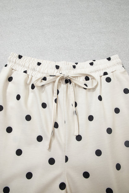 Beige Polka Dot Half Sleeve Loose Top Elastic Waist Casual Pants Set