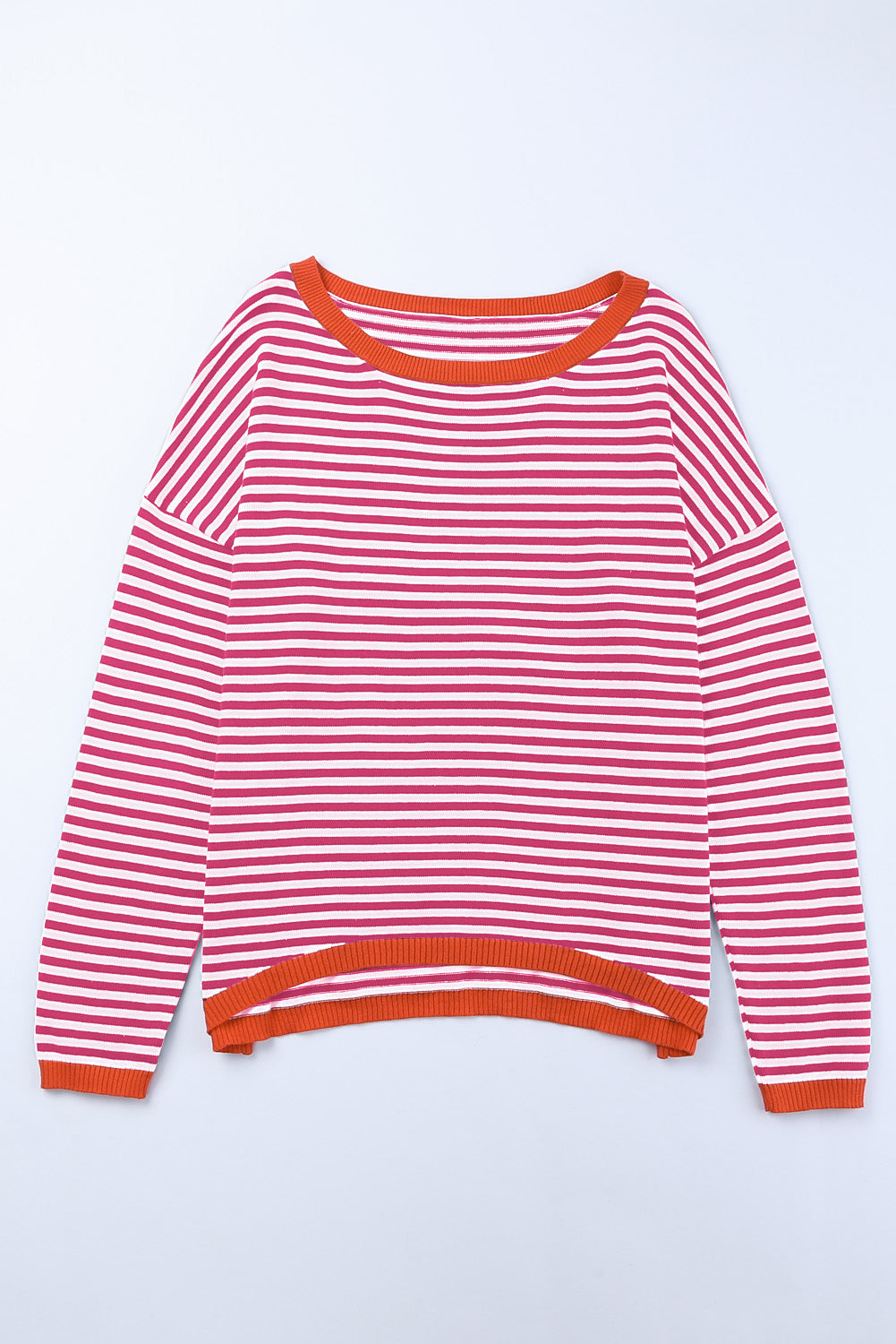 Pink Striped Contrast Trimmed Drop Shoulder Sweater