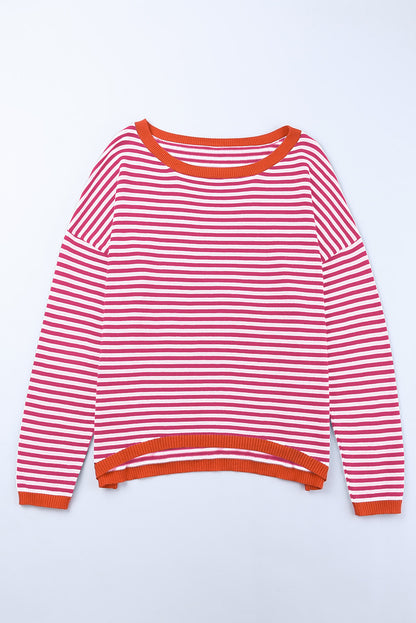 Pink Striped Contrast Trimmed Drop Shoulder Sweater