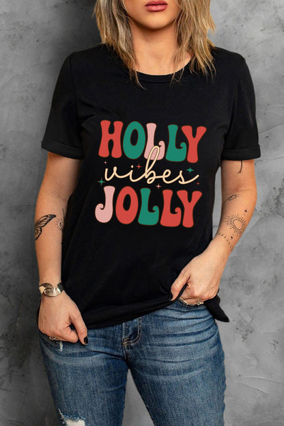 Camiseta negra con cuello redondo HOLLY JOLLY Vibes Christmas