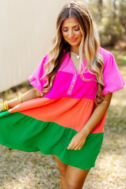 Robe à manches bouffantes à volants et blocs de couleurs multicolores