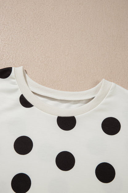 Black Polka Dot Print Loose Tee Drawstring Elastic Waist Short Set