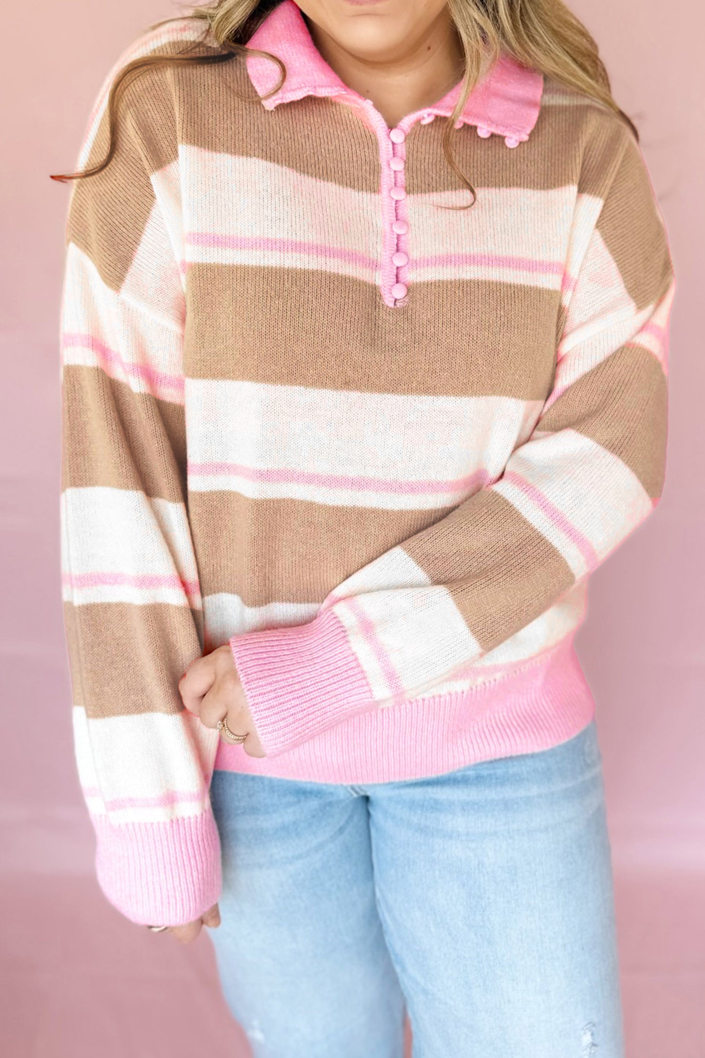 Pink Stripe Striped Colorblock V Neck Long Sleeve Tunic Sweater