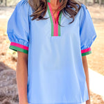 Sky Blue Contrast Striped V Neck Collision Short Puff Sleeve Blouse