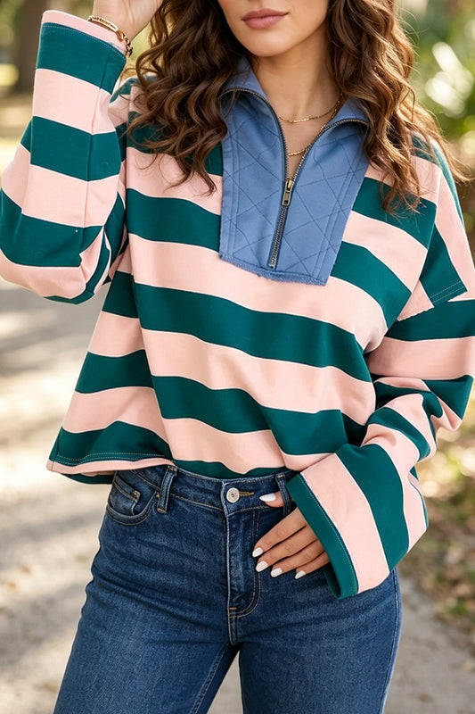 Green Stripe Quarter-Zip Metal Zipper Cover Stitch Hem Top
