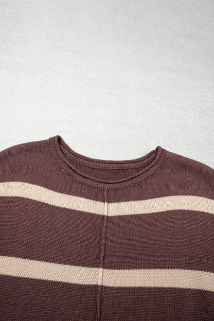 Brown Stripe Knit Western Short Sleeve Sweater