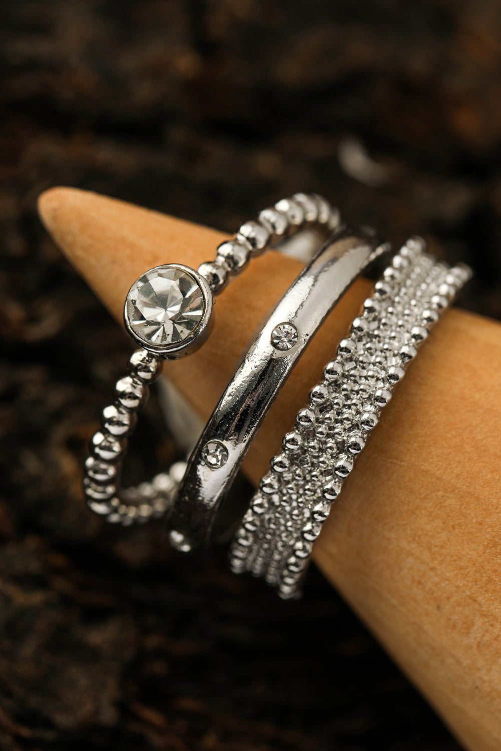 Ensemble de 3 bagues ouvertes en alliage argenté avec strass