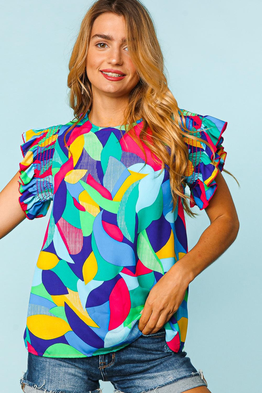 Blusa con mangas con volantes y costuras con estampado abstracto multicolor 