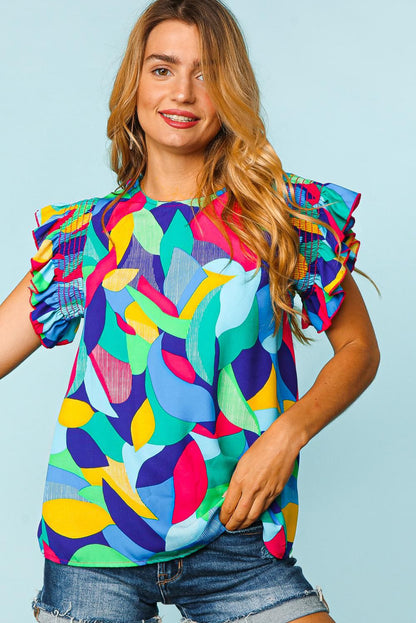 Blusa con mangas con volantes y costuras con estampado abstracto multicolor 