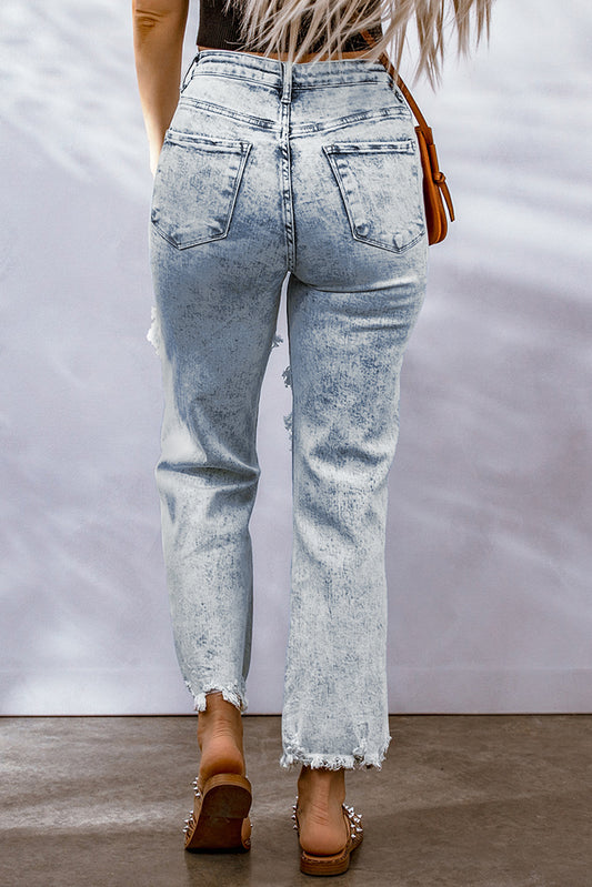 Hollow-out Light Washed Ripped Boyfriend Jeans