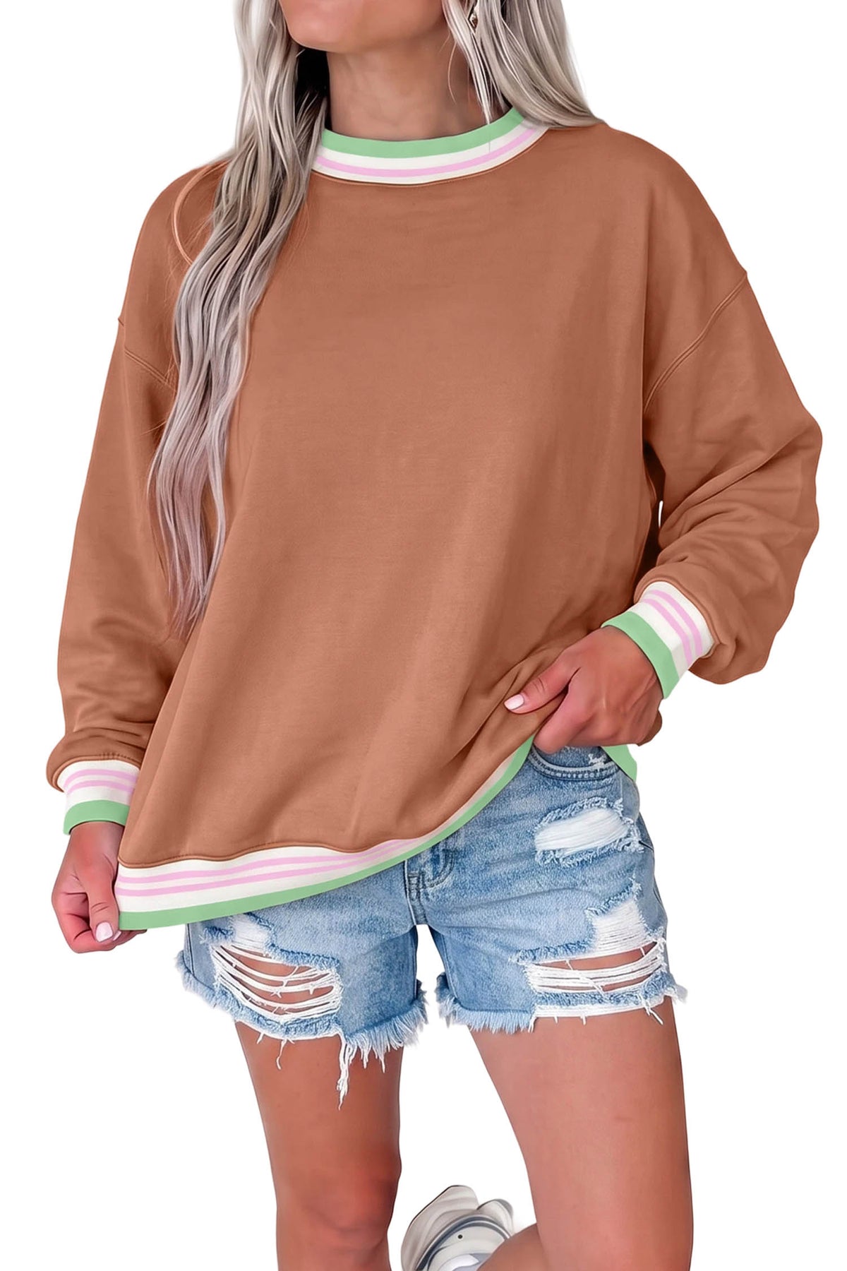 Straw Yellow Contrast Striped Trim Baggy Pullover Sweatshirt