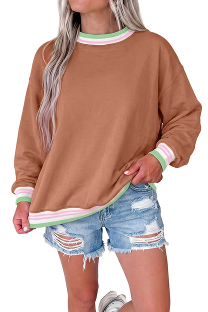 Straw Yellow Contrast Striped Trim Baggy Pullover Sweatshirt