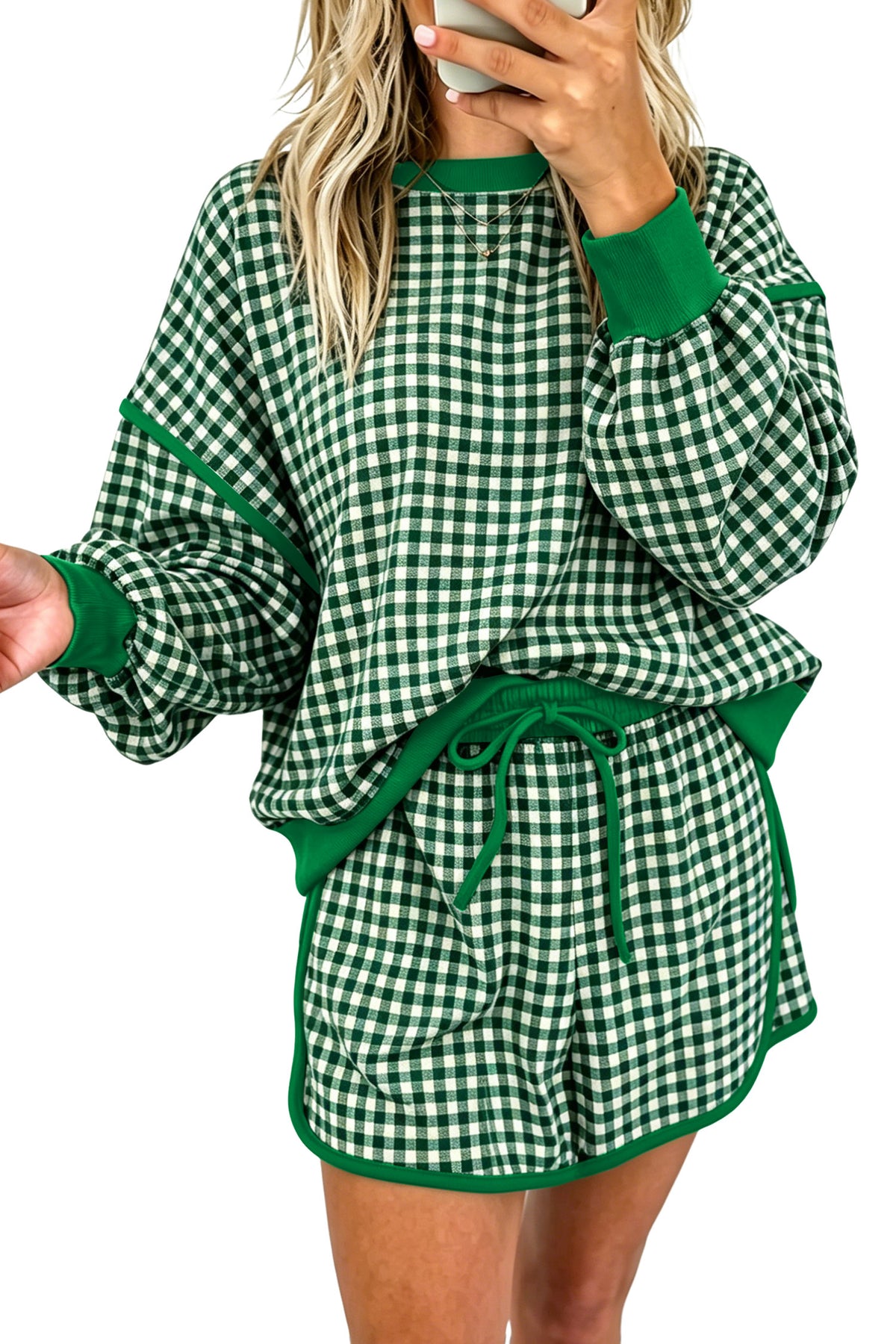 Green Gingham Oversized Ribbed Trim Crew Neck Long Sleeve Top and Skort Set