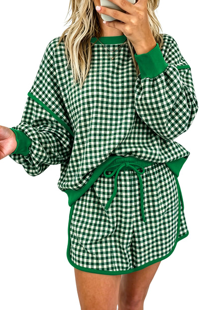 Green Gingham Oversized Ribbed Trim Crew Neck Long Sleeve Top and Skort Set