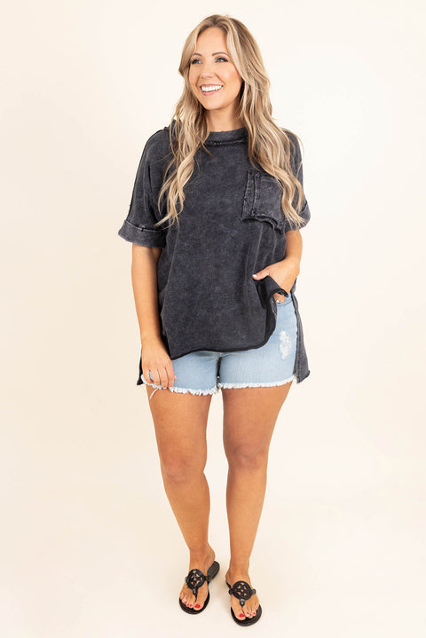 Gray Mineral Wash Distressed Slit Patch Pocket Oversize Tee