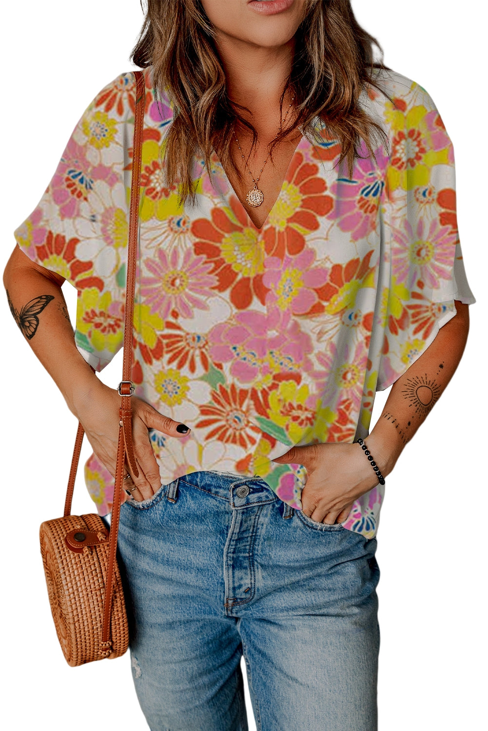 Top floral con mangas acampanadas y cuello levantado multicolor