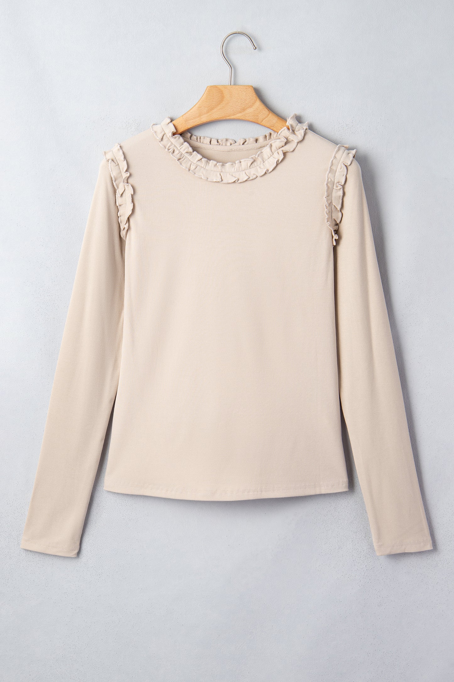 Beige Solid Color Round Neck Frill Detail Long Sleeve Top