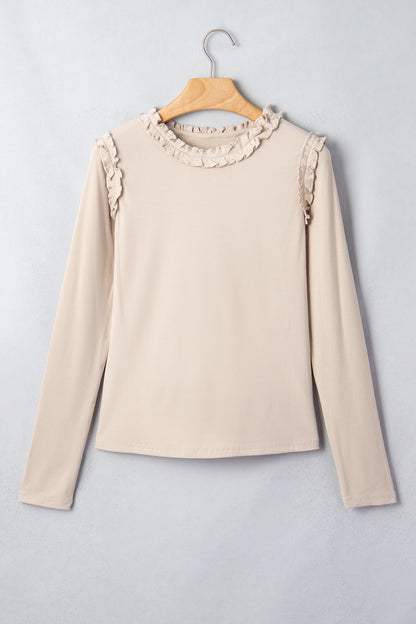 Beige Solid Color Round Neck Frill Detail Long Sleeve Top