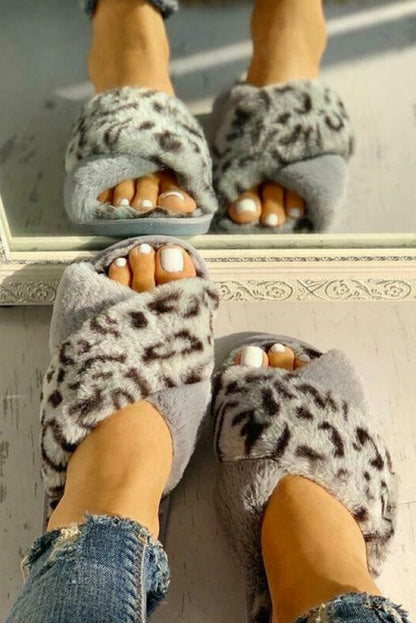 Brown Leopard Crossed Straps Furry Slippers