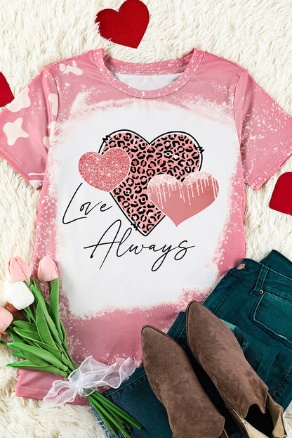 T-shirt graphique à imprimé léopard délavé « Love Always Heart »