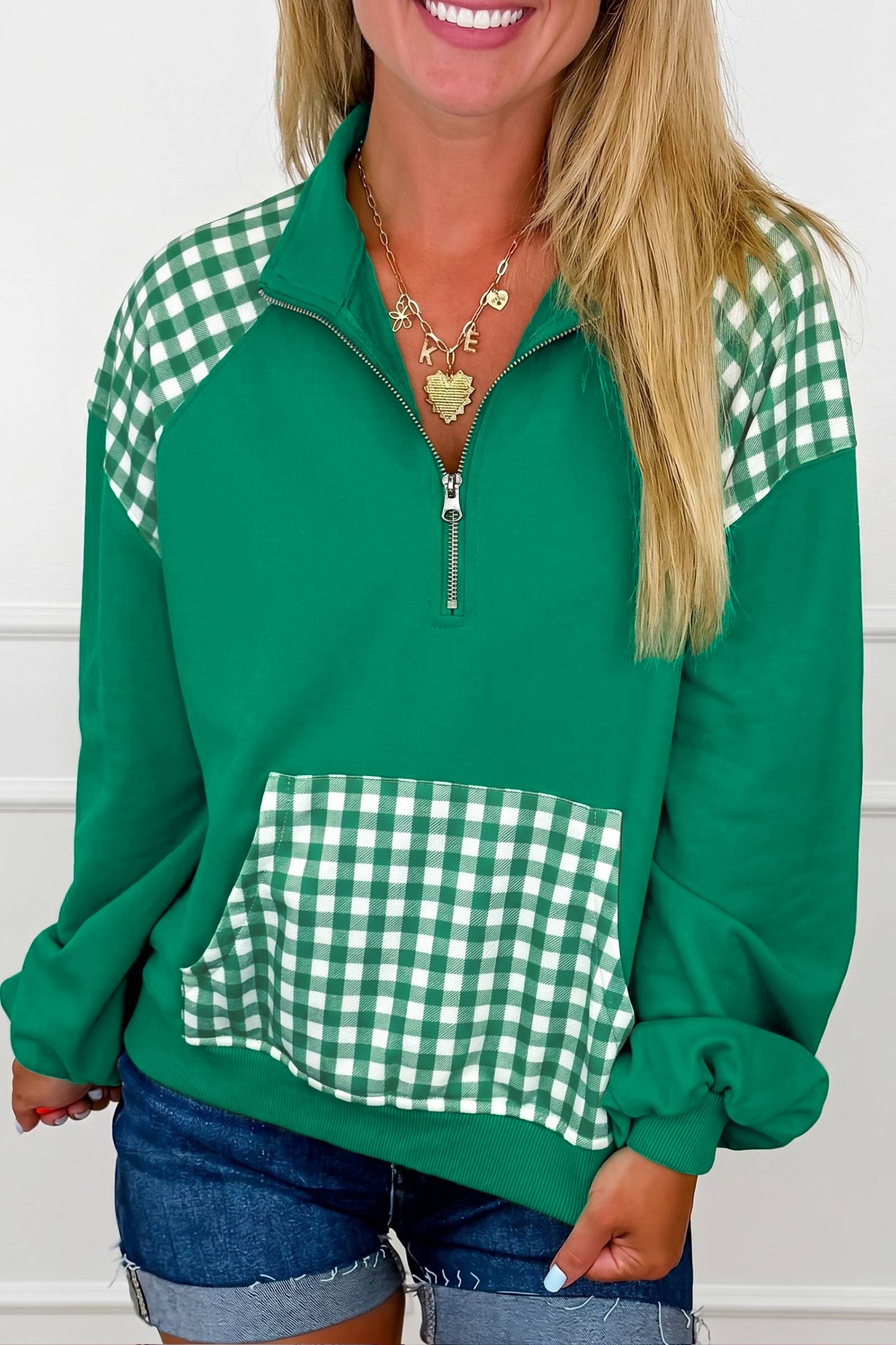 Dark Green Patchwork Plaid Pocket Quarter Zip Sweatshirt