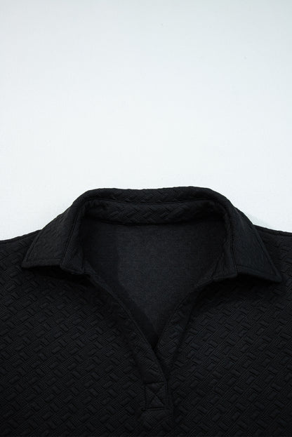 Black Stylish Textured Striped Patchwork Polo Collar Pullover Sweatshirt