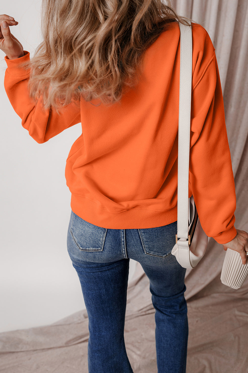 Sweat-shirt en tissu éponge orange roux uni doublé en polaire à épaules tombantes