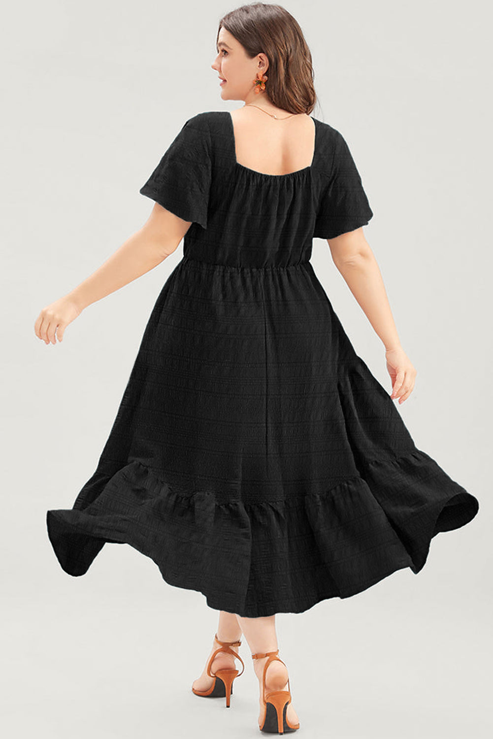 Black Plus Size Short Sleeve Lace-up High Waist Midi Dress