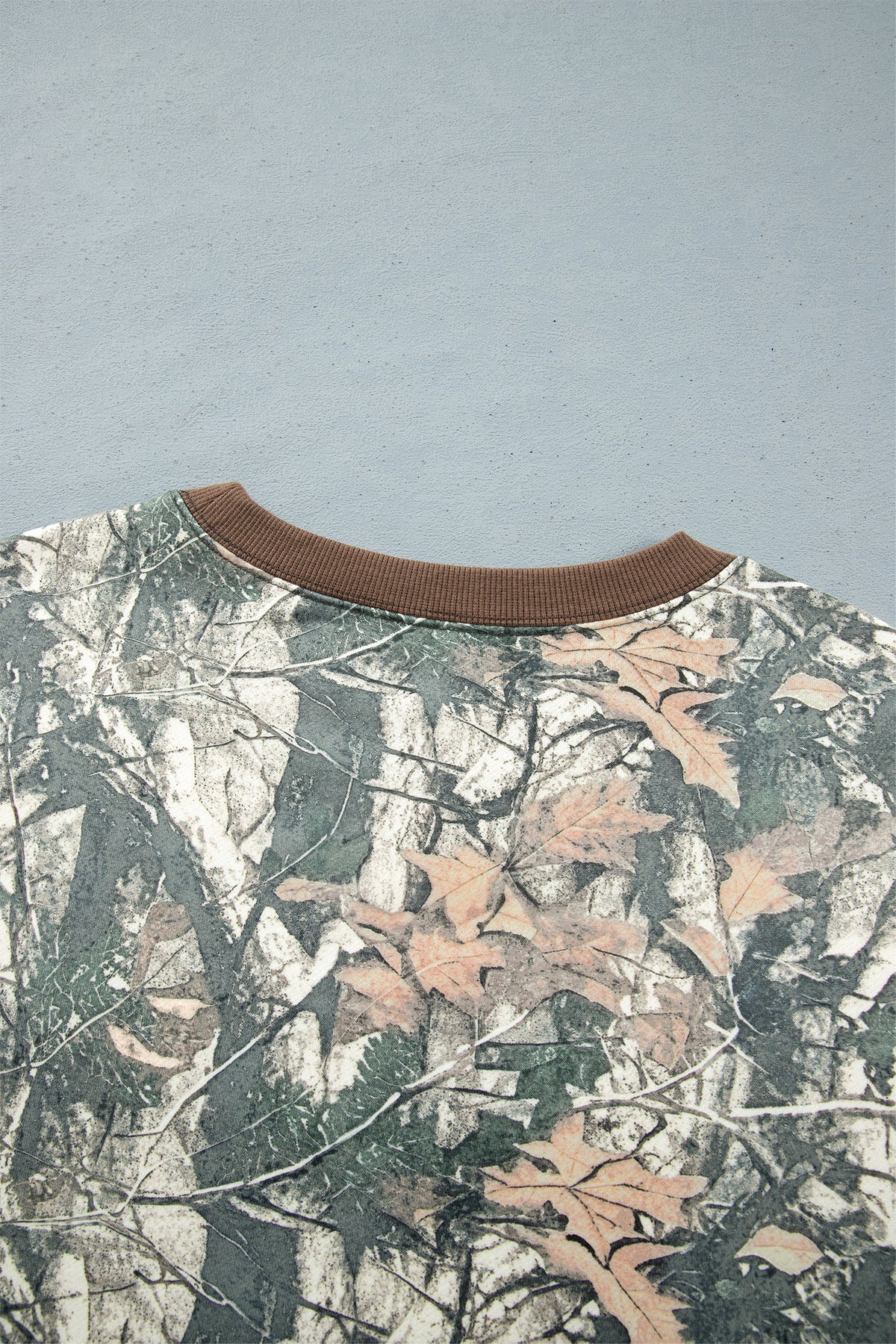 Brown Jungle Camouflage Print Ribbed Trim Long Sleeve Top Plus Size Pant Set